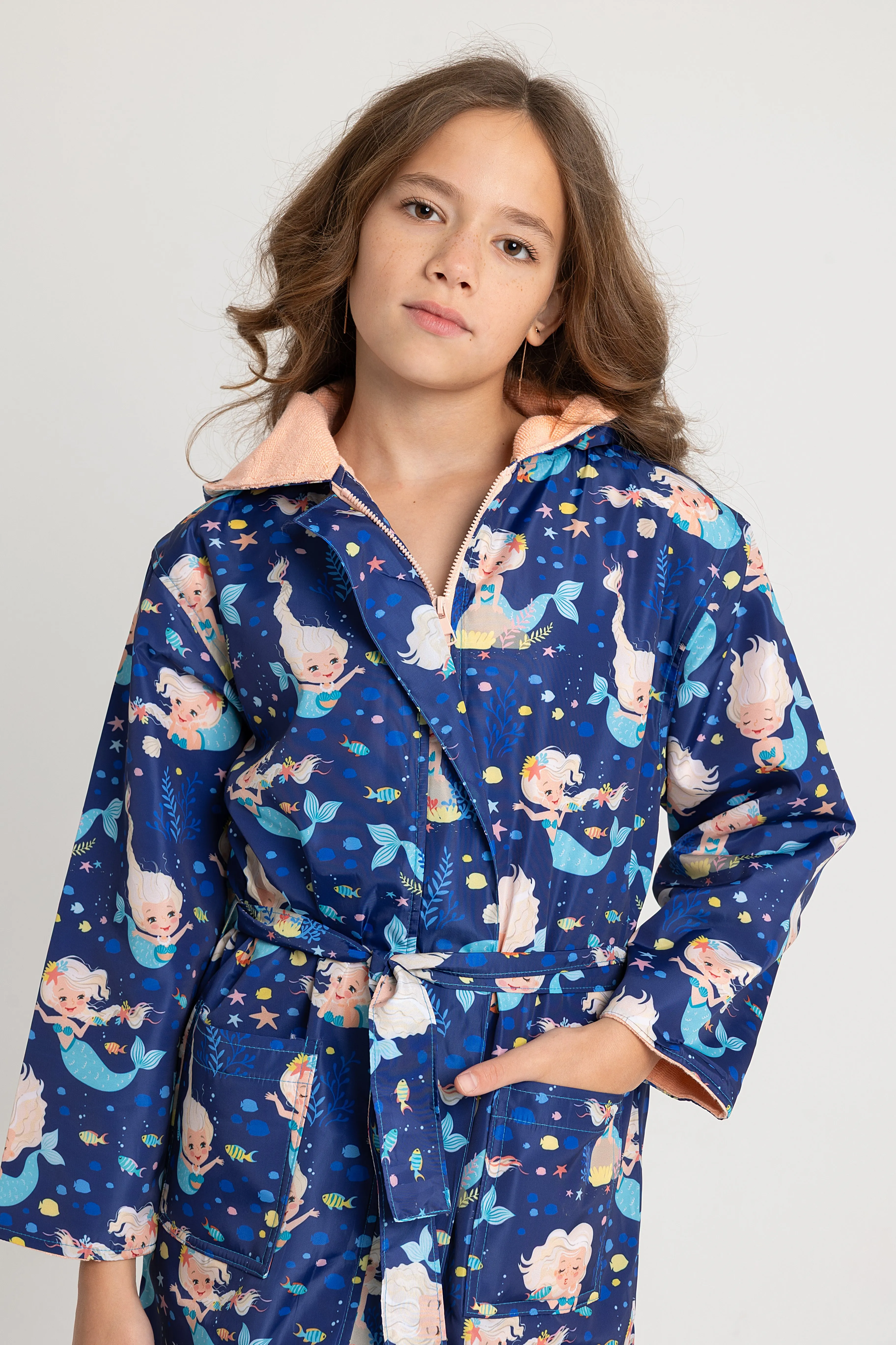 Girls' Waterproof Swim Robe – Navy Mermaid Design