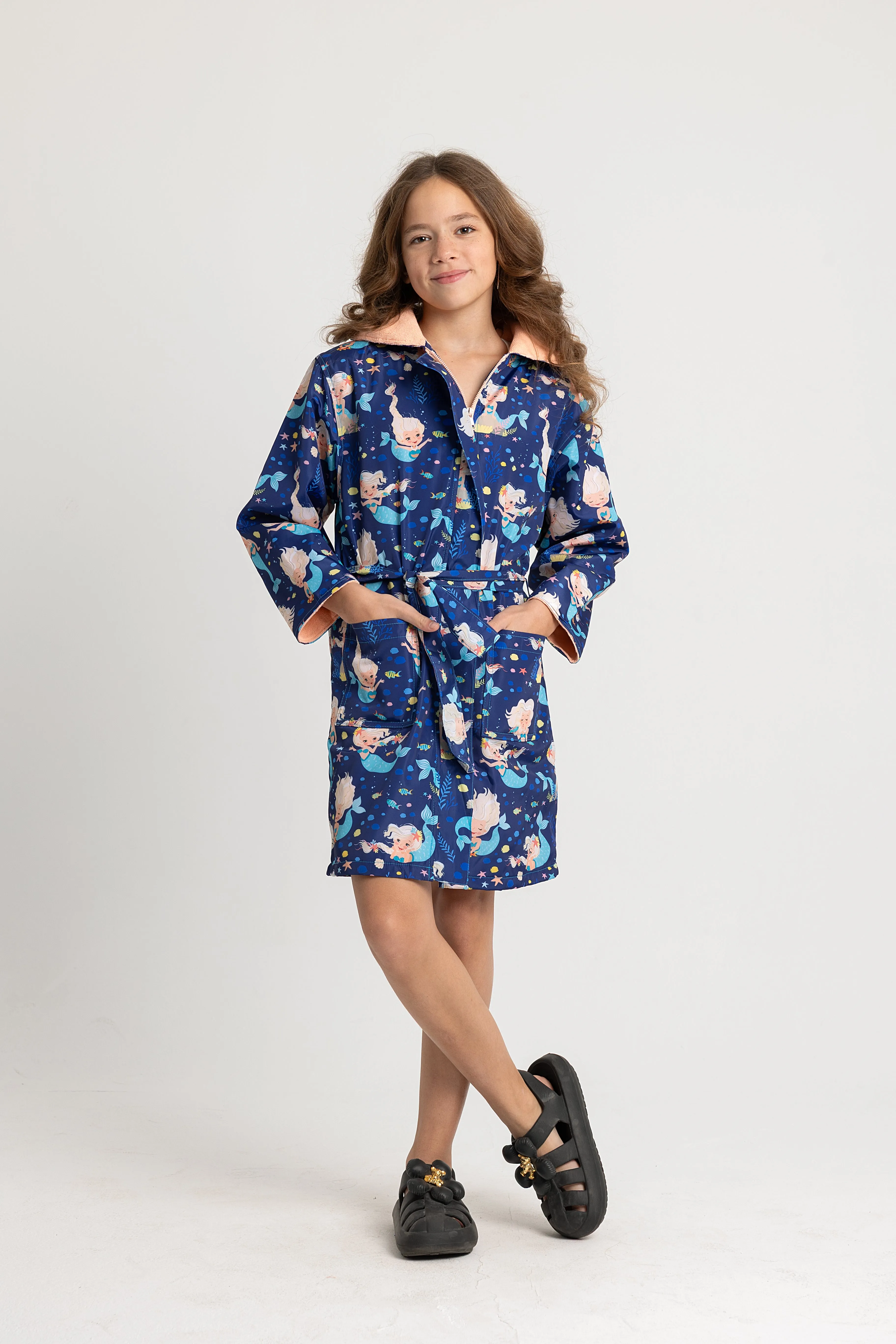 Girls' Waterproof Swim Robe – Navy Mermaid Design