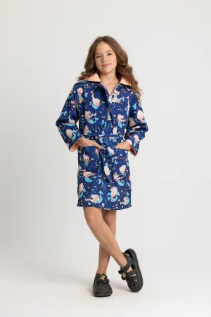 Girls' Waterproof Swim Robe – Navy Mermaid Design