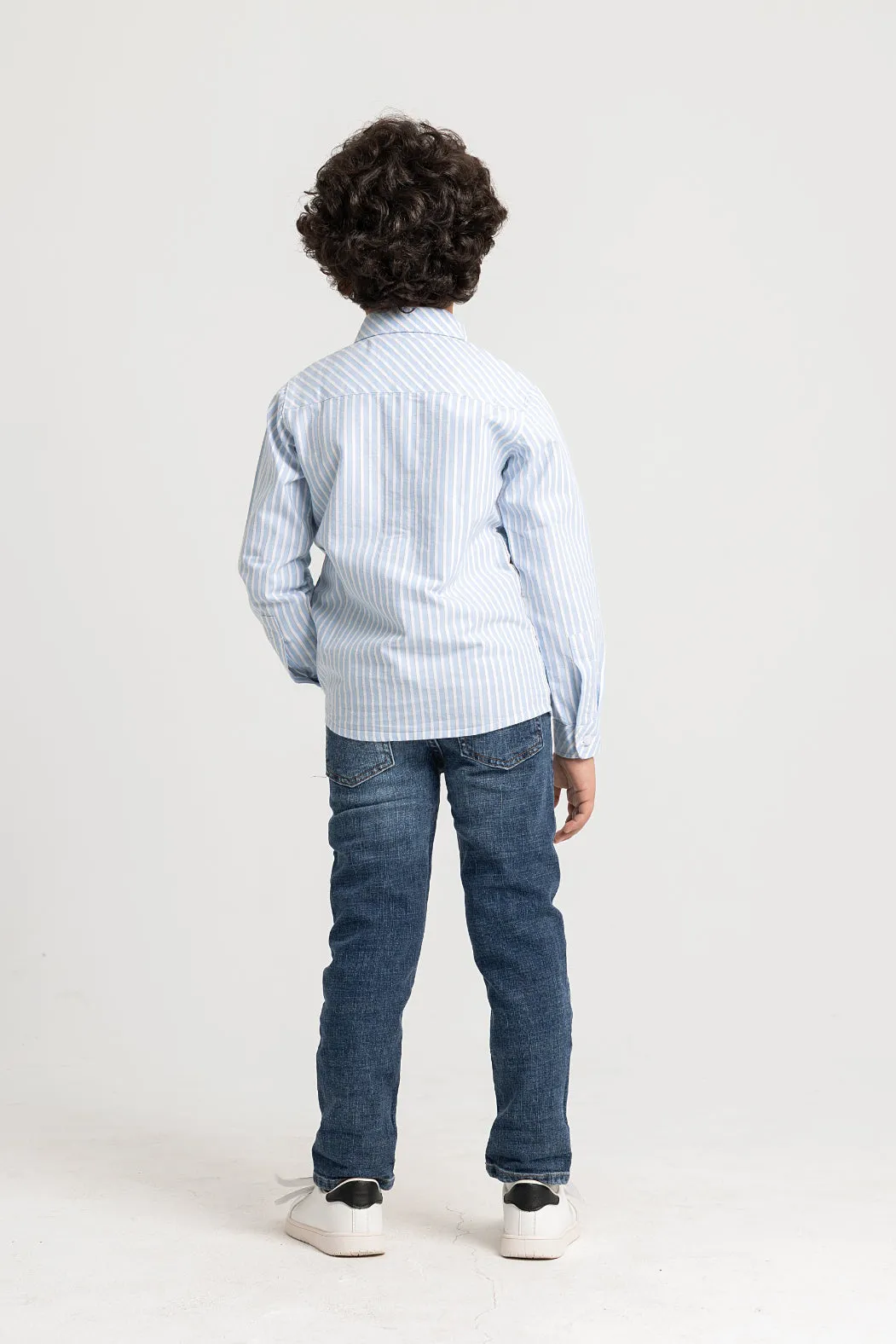 Kids Boys' Striped Cotton Long-Sleeved Shirt – White & Sky Blue