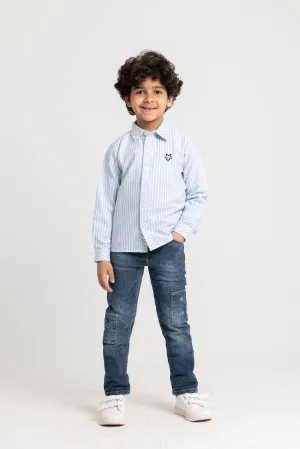 Kids Boys' Striped Cotton Long-Sleeved Shirt – White & Sky Blue