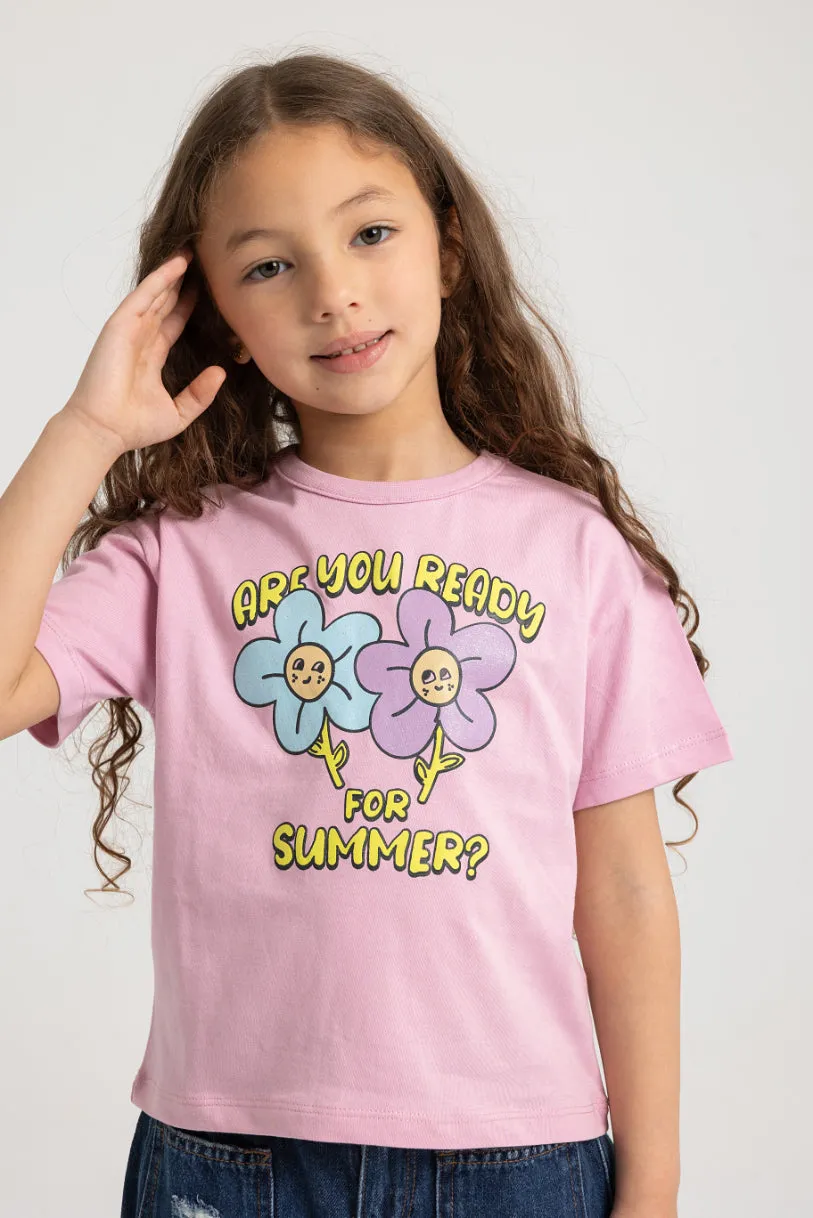 Kids Girls' Cotton Short-Sleeved T-Shirt – Pink with Cute Flowers Design