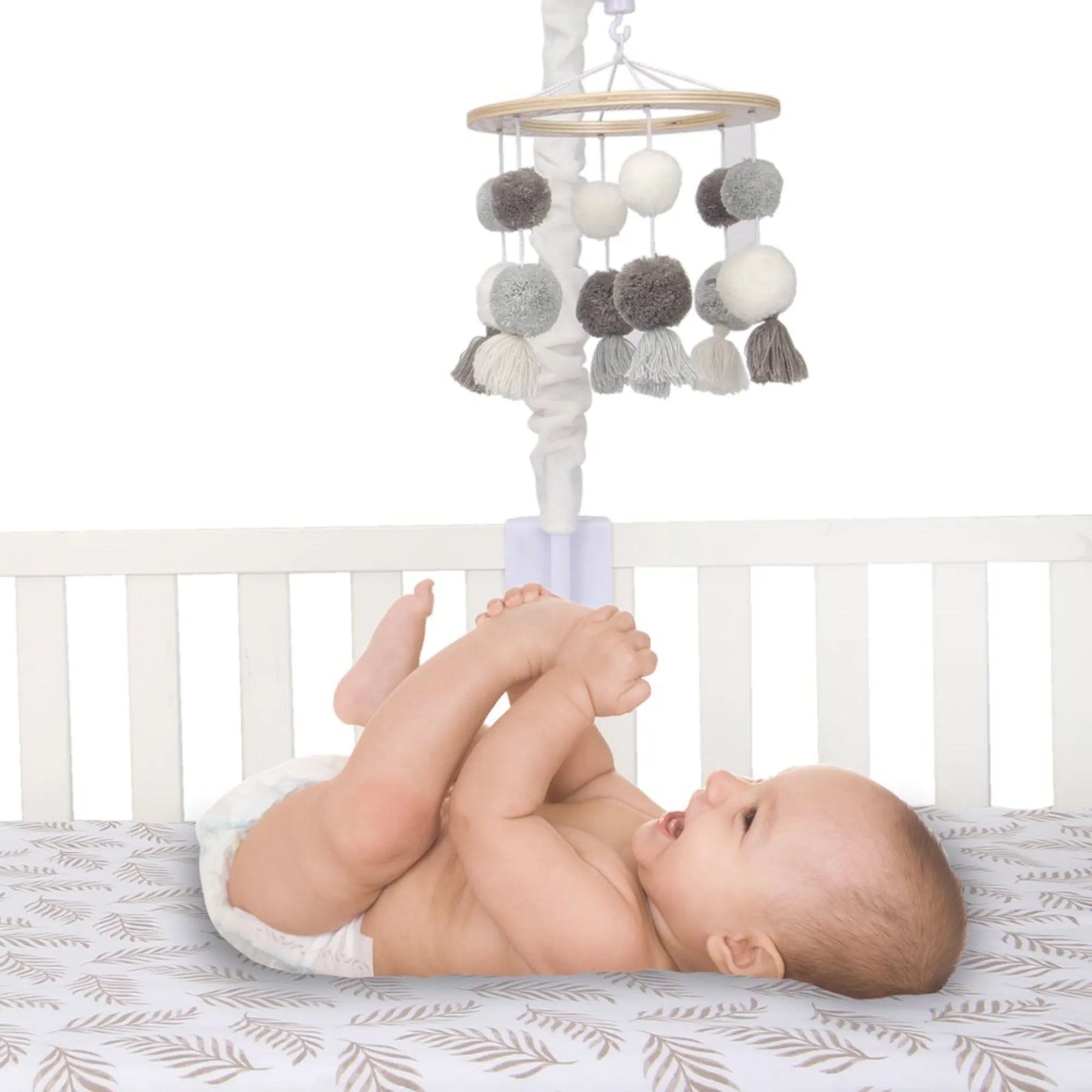 LAMBS & IVY Pom Pom Musical Baby Crib Mobile - White/Gray