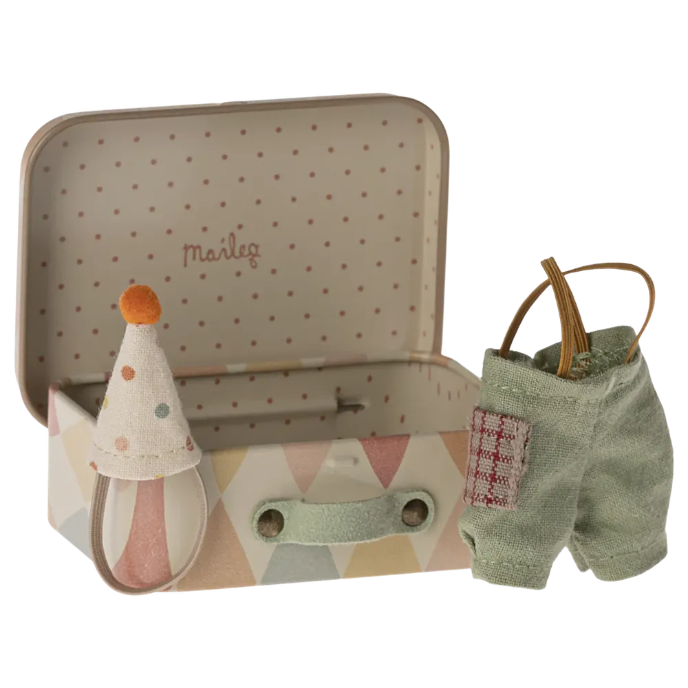 Maileg clown clothes in suitcase, little brother mouse