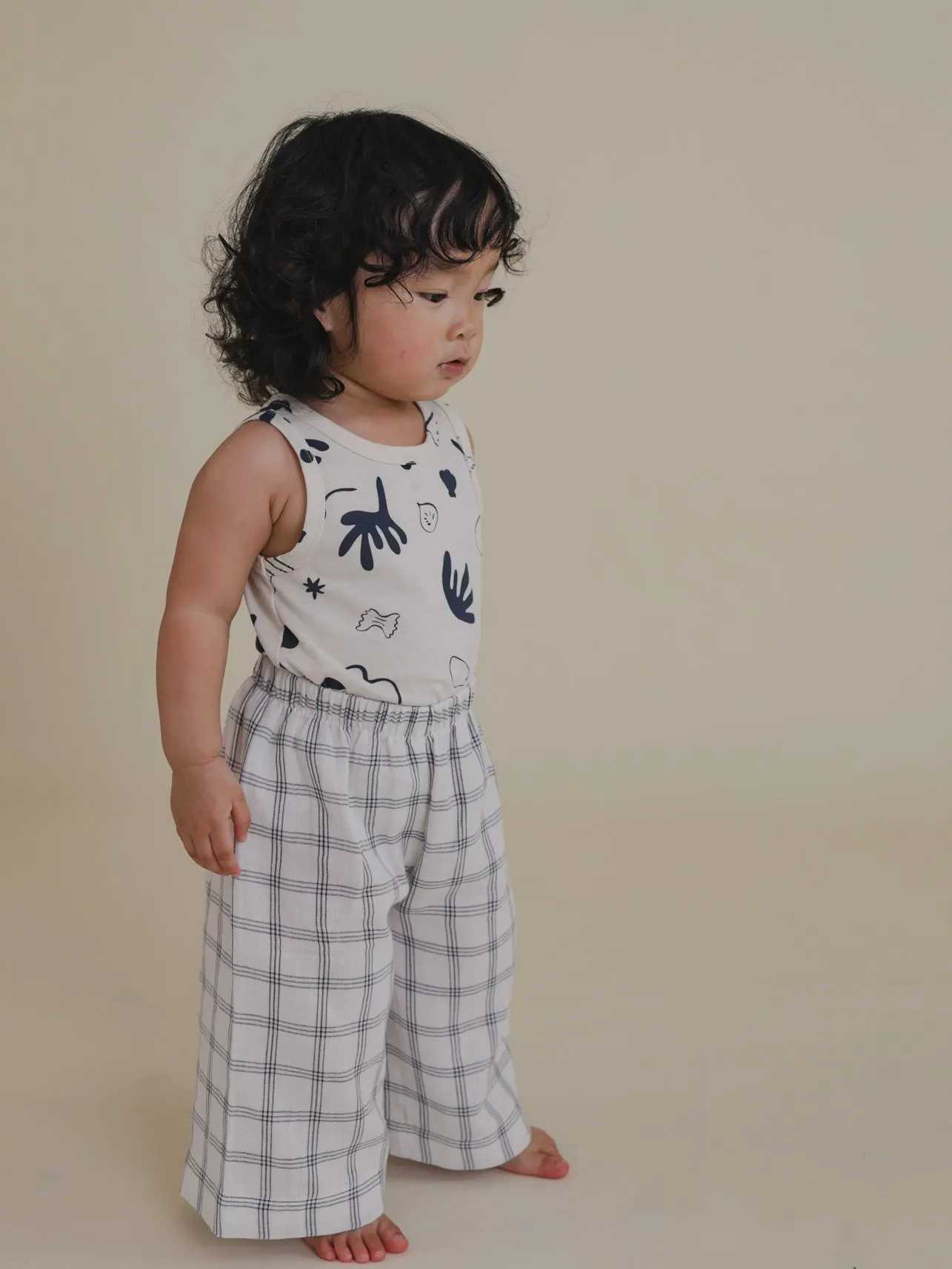 Navy Window Check Wide Leg Pants