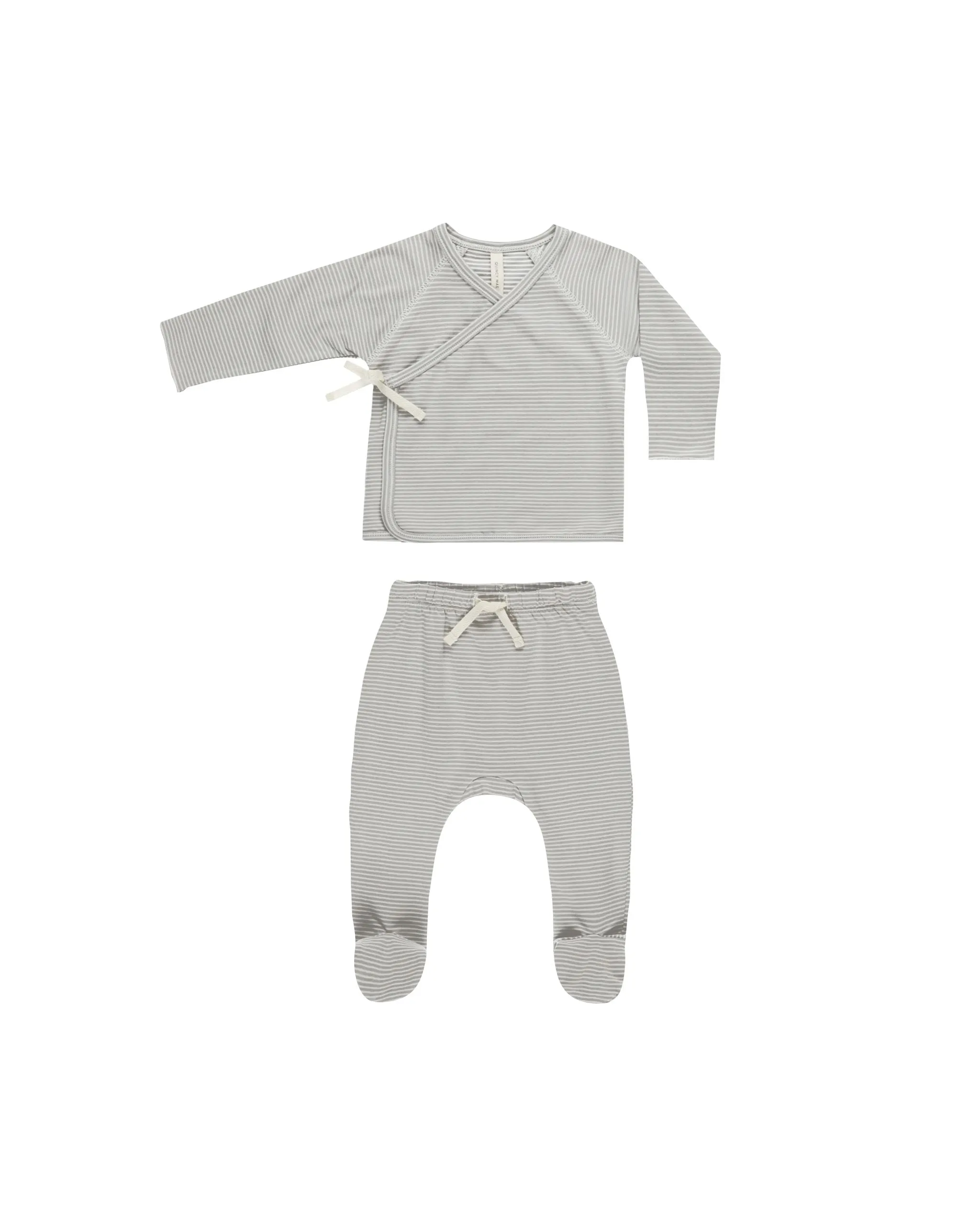 Wrap Top   Footed Pant Set || Blue Micro Stripe